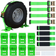 Trekassy Wheel Chock Tie-Down Kit with Rubber Blocks, Heavy Duty E Track Trailer Tie Down Tire Straps for ATV, UTV, Lawn Mower- 4 Pack