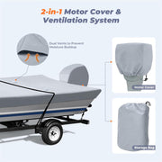 Heavy Duty Waterproof 600D Jon Boat Cover with Motor Cover Bar-tack Stitches Marine Grade UV Resistant Adjustable Side Straps, Fits 14ft Long and Beam Width up to 70 inches