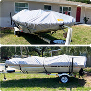 Heavy Duty Waterproof 600D Jon Boat Cover with Motor Cover Bar-tack Stitches Marine Grade UV Resistant Adjustable Side Straps, Fits 14ft Long and Beam Width up to 70 inches