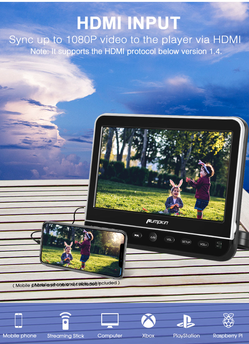 Pumpkin 10.1 Inch 1080P HD Dual Region Free Headrest DVD player with 2  Headphones, Support USB/SD/MMC HDMI Input